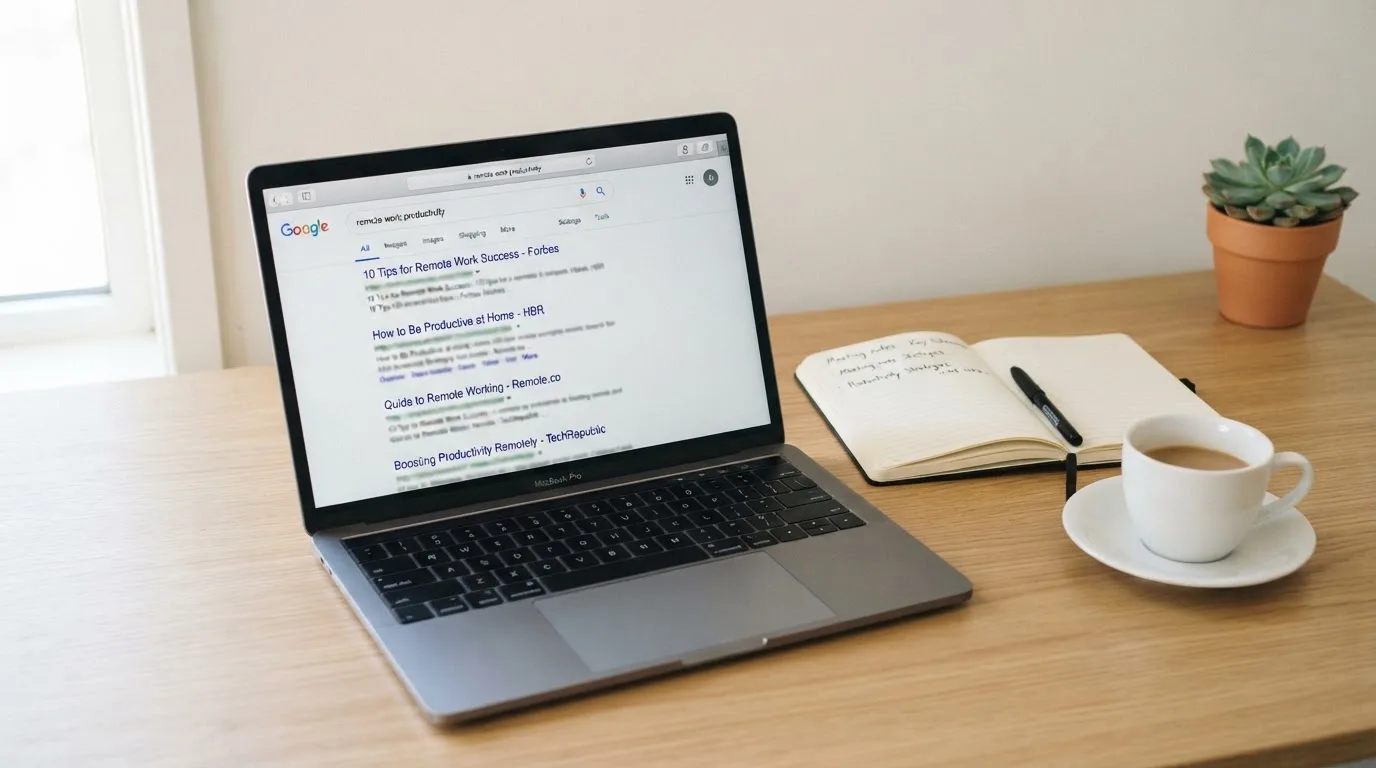A tidy desk with a laptop open on a plain search-results page, a notebook and a coffee cup beside it, no screens showing any casino branding.