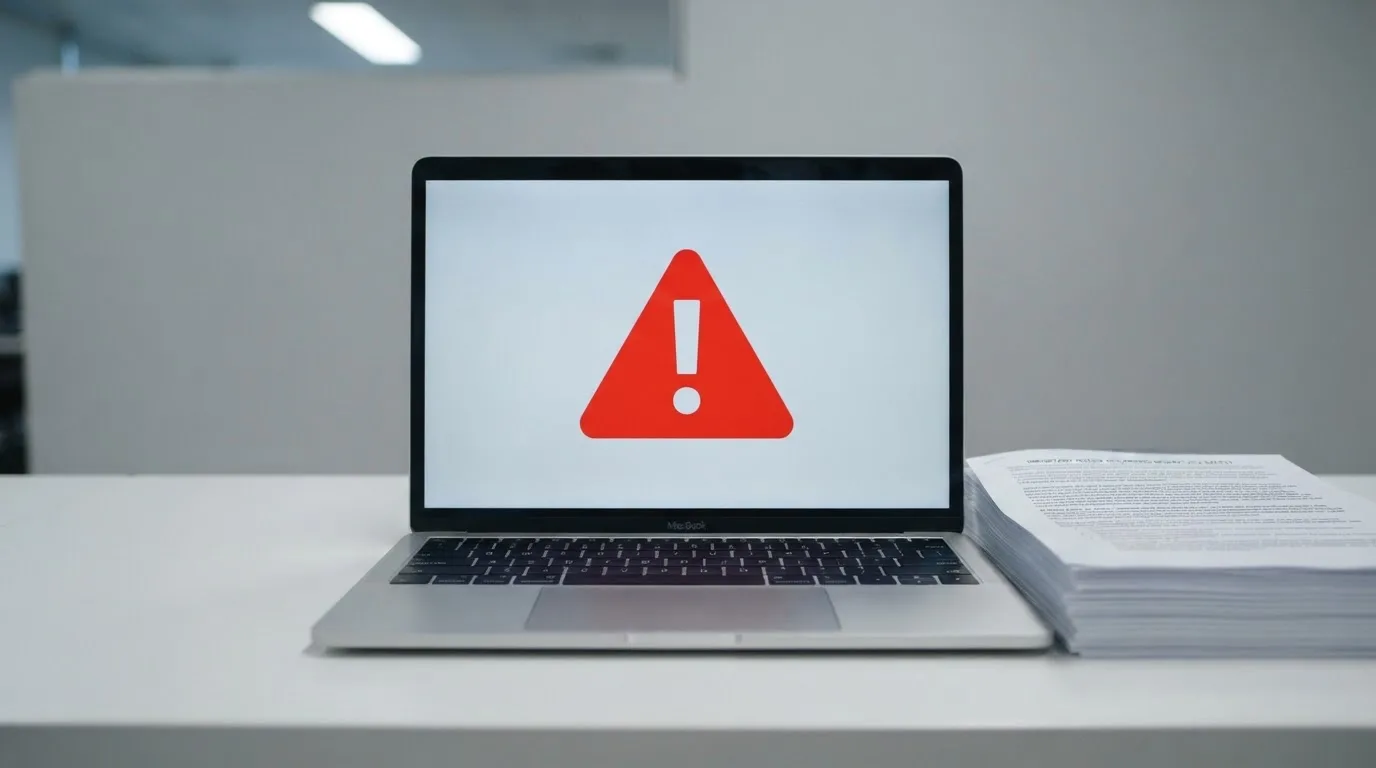 A red triangular warning sign icon on a laptop screen next to a stack of legal papers, symbolising an official caution rather than any specific website.