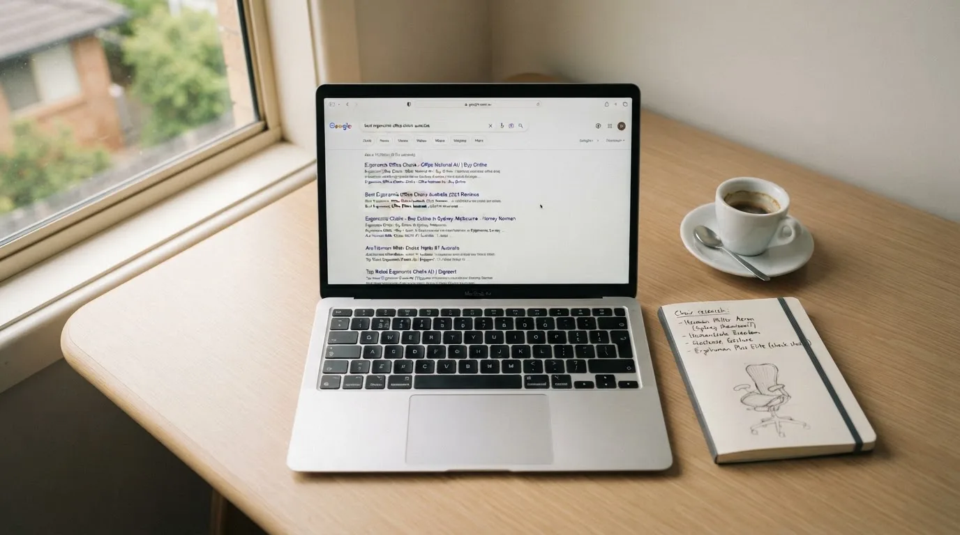 A tidy desk with a laptop open on a plain search-results page, a notebook and a coffee cup beside it, no screens showing any casino branding.