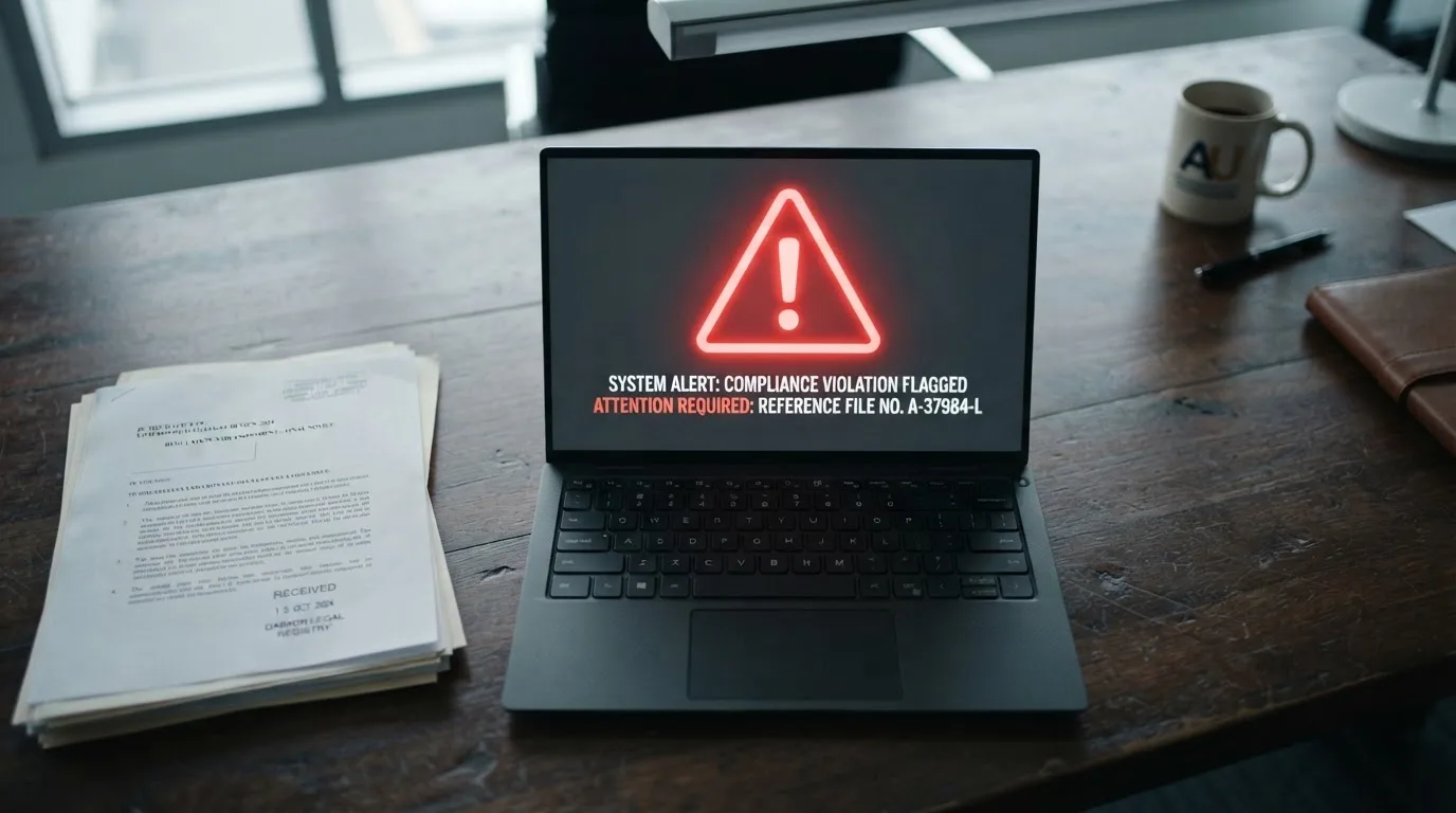 A red triangular warning sign icon on a laptop screen next to a stack of legal papers, symbolising an official caution rather than any specific website.