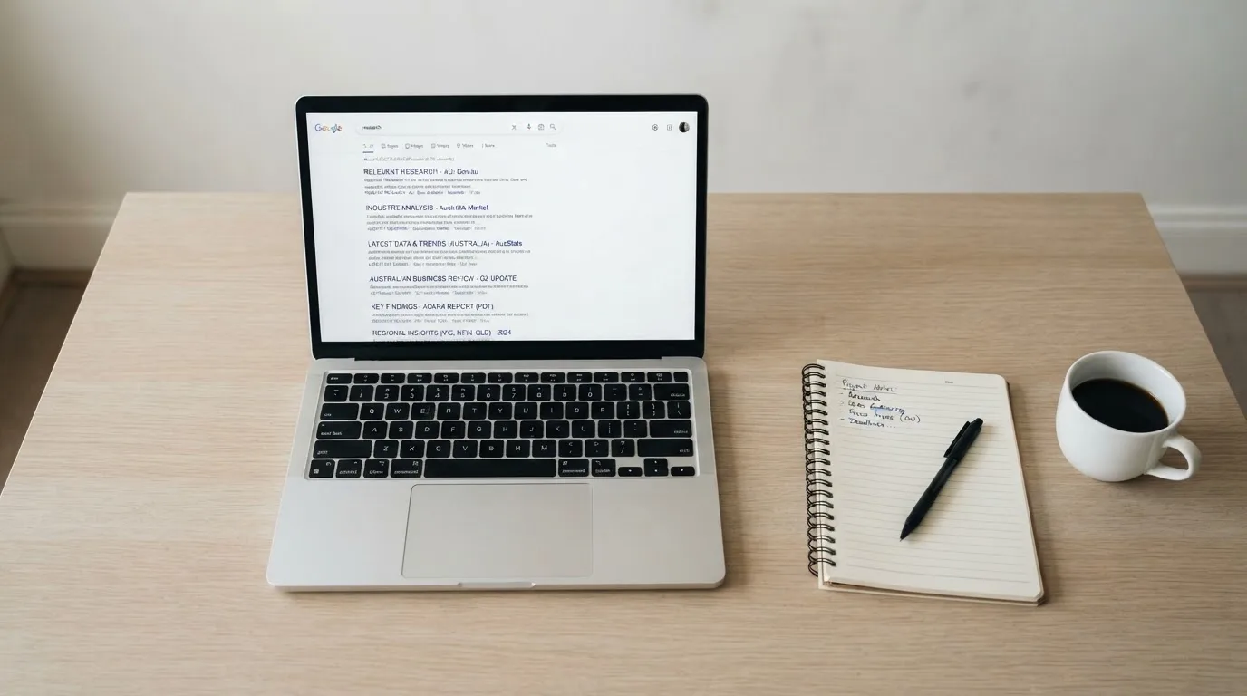 A tidy desk with a laptop open on a plain search-results page, a notebook and a coffee cup beside it, no screens showing any casino branding.