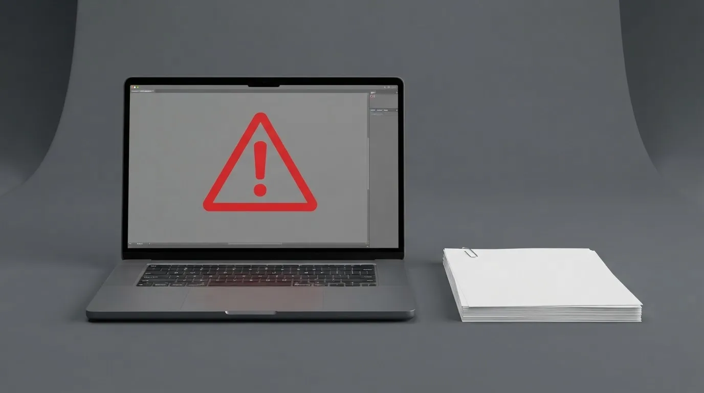 A red triangular warning sign icon on a laptop screen next to a stack of legal papers, symbolising an official caution rather than any specific website.