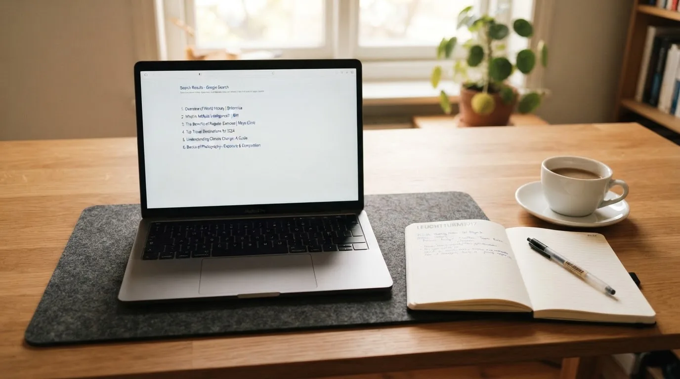 A tidy desk with a laptop open on a plain search-results page, a notebook and a coffee cup beside it, no screens showing any casino branding.