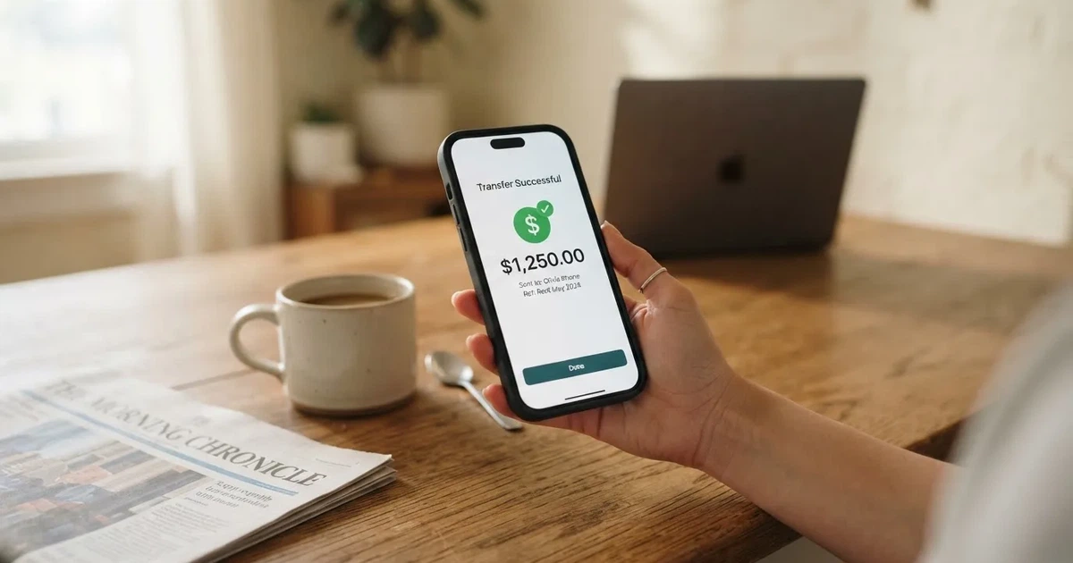 A smartphone screen showing a generic bank-transfer confirmation tick, held over a kitchen table.