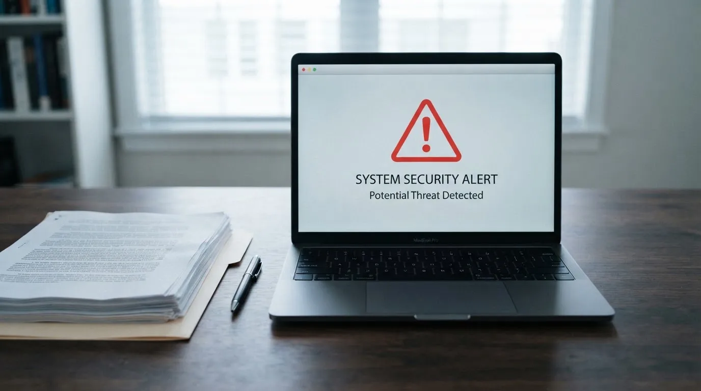 A red triangular warning sign icon on a laptop screen next to a stack of legal papers, symbolising an official caution rather than any specific website.