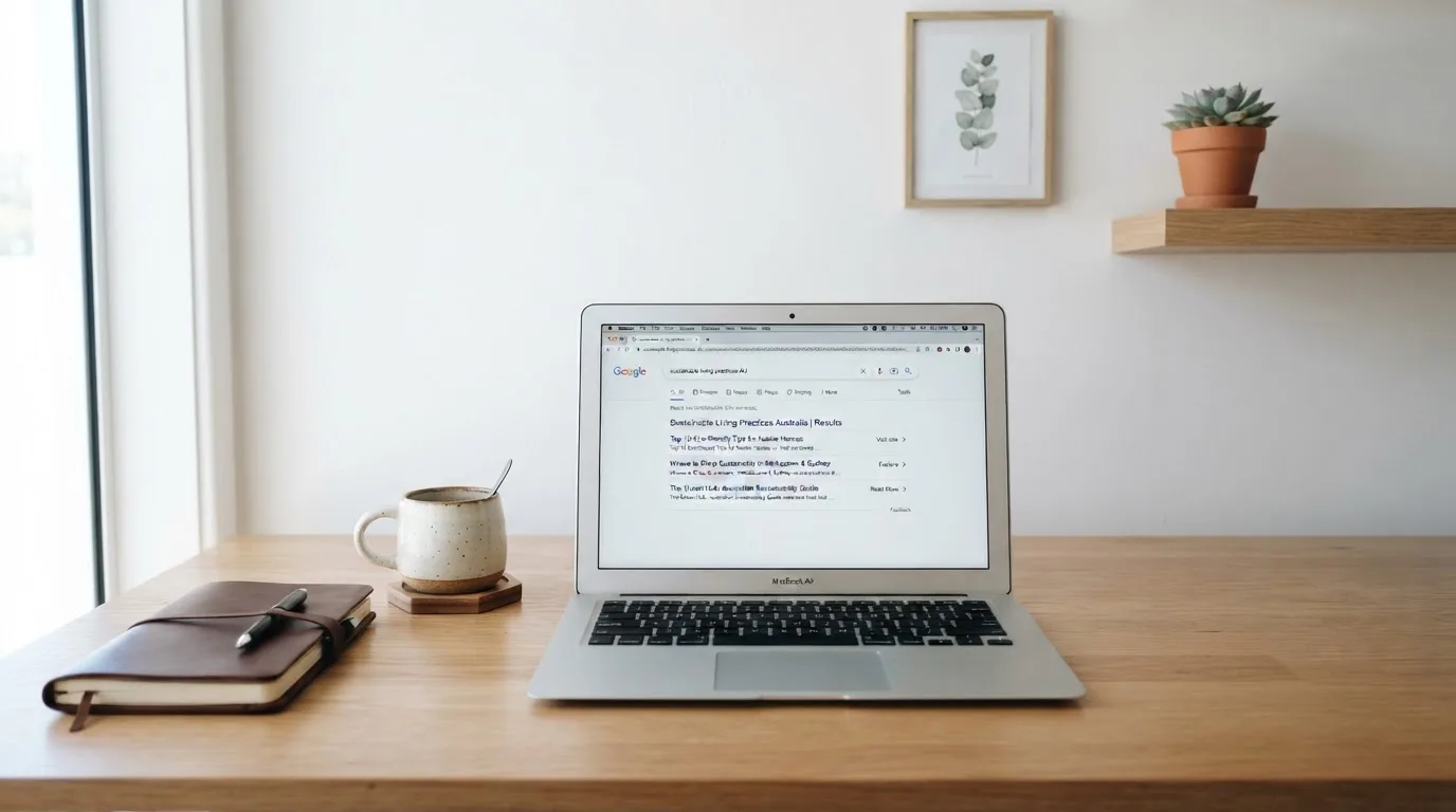 A tidy desk with a laptop open on a plain search-results page, a notebook and a coffee cup beside it, no screens showing any casino branding.