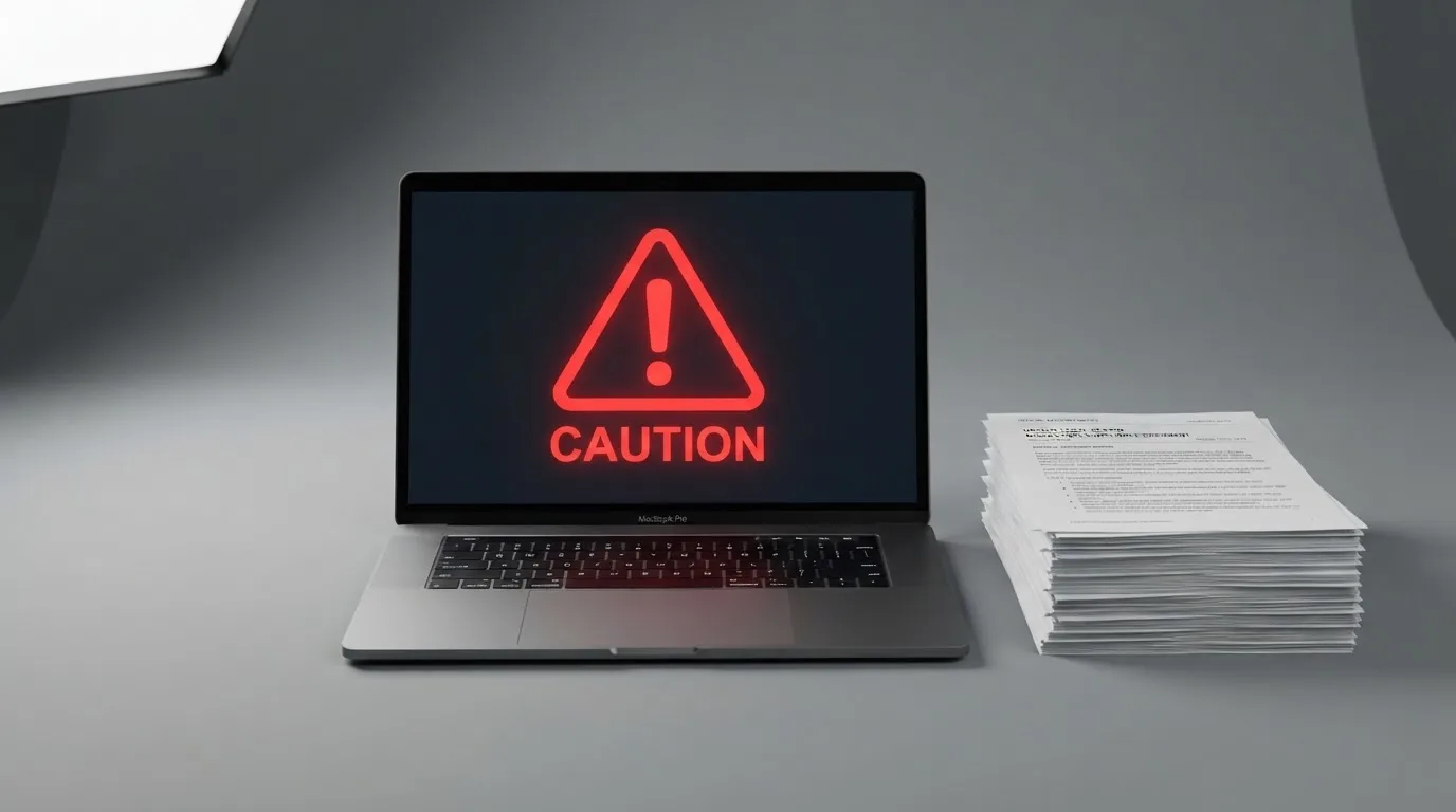 A red triangular warning sign icon on a laptop screen next to a stack of legal papers, symbolising an official caution rather than any specific website.