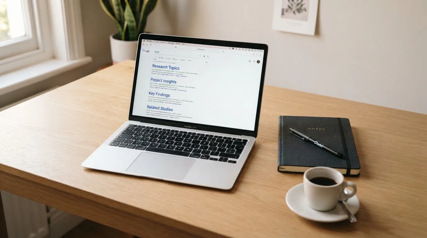 A tidy desk with a laptop open on a plain search-results page, a notebook and a coffee cup beside it, no screens showing any casino branding.