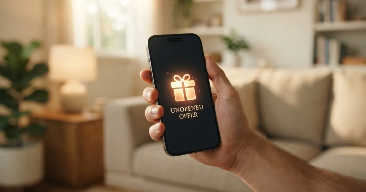 A gift box icon glowing on a phone screen, held at arm's length, suggesting an unopened offer rather than an active game.