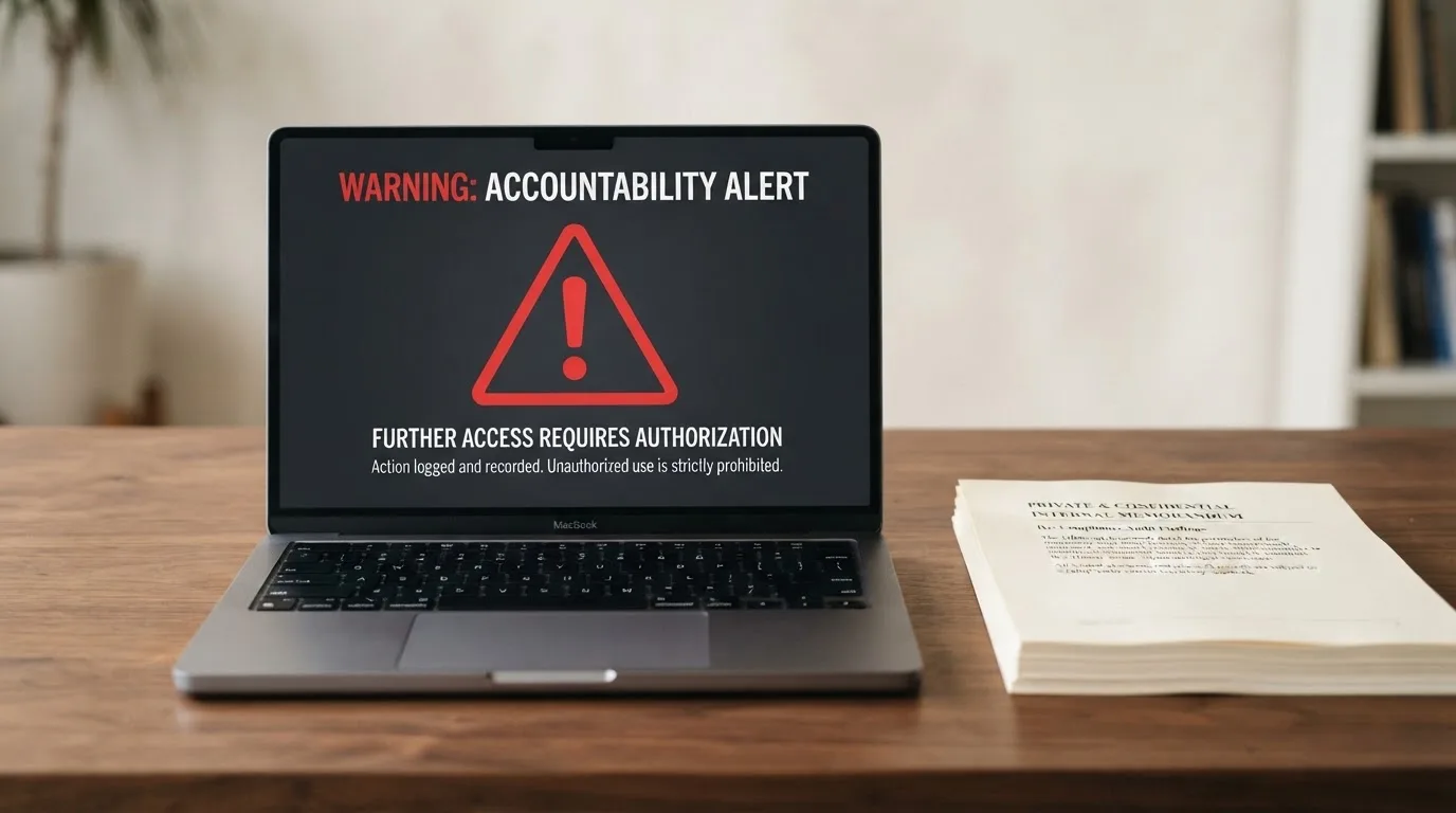 A red triangular warning sign icon on a laptop screen next to a stack of legal papers, symbolising an official caution rather than any specific website.