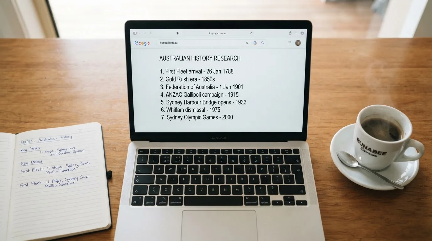A tidy desk with a laptop open on a plain search-results page, a notebook and a coffee cup beside it, no screens showing any casino branding.