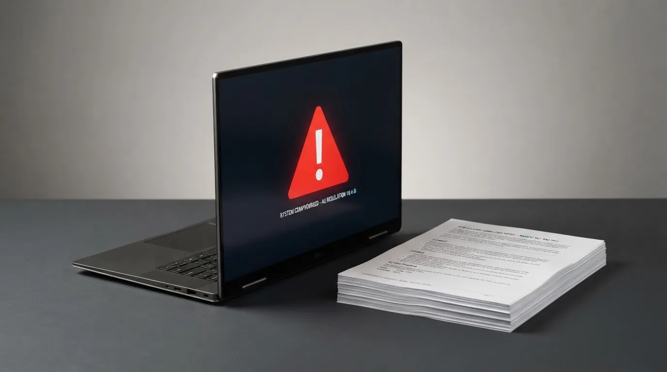 A red triangular warning sign icon on a laptop screen next to a stack of legal papers, symbolising an official caution rather than any specific website.