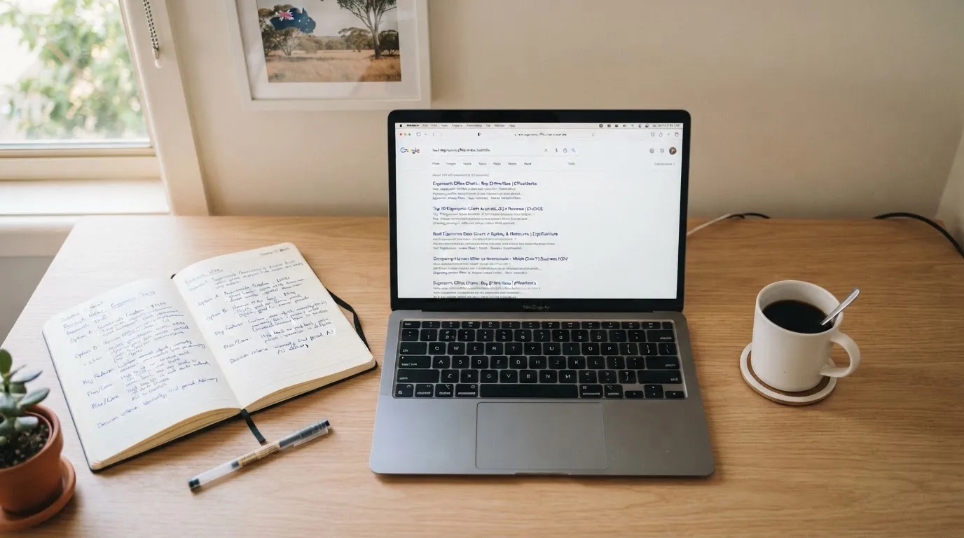 A tidy desk with a laptop open on a plain search-results page, a notebook and a coffee cup beside it, no screens showing any casino branding.