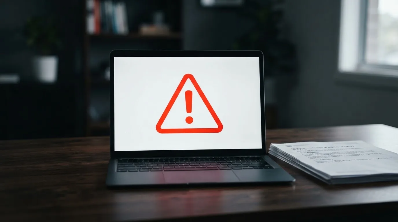 A red triangular warning sign icon on a laptop screen next to a stack of legal papers, symbolising an official caution rather than any specific website.