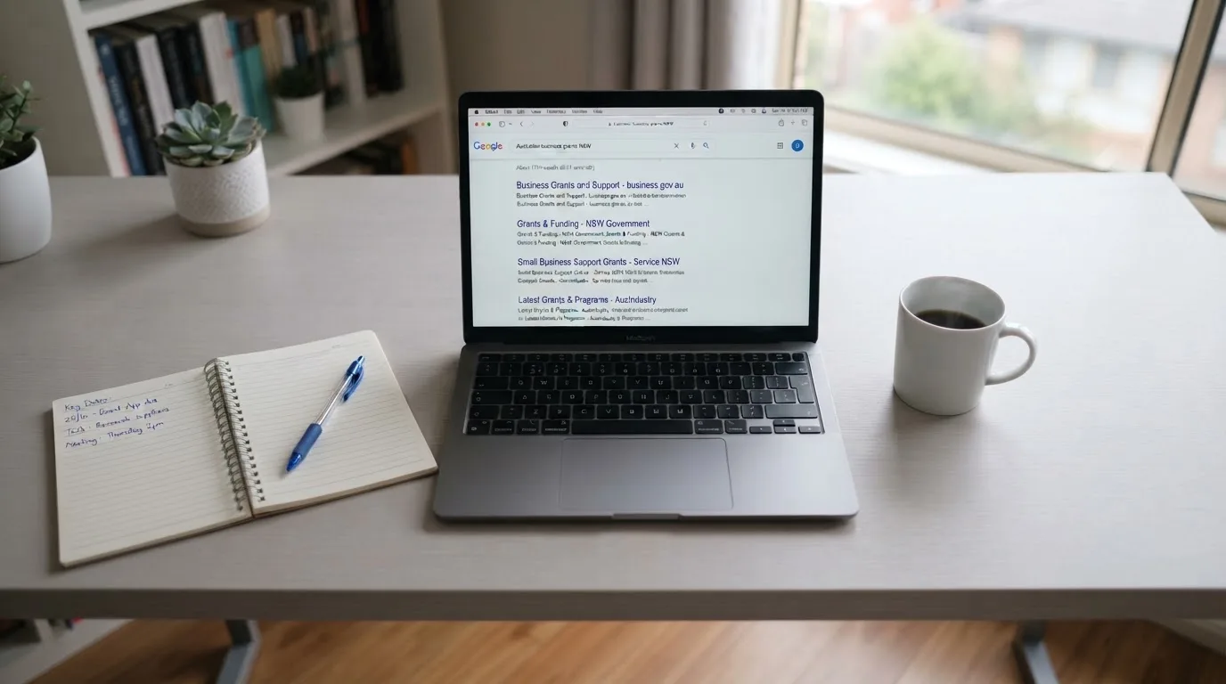 A tidy desk with a laptop open on a plain search-results page, a notebook and a coffee cup beside it, no screens showing any casino branding.
