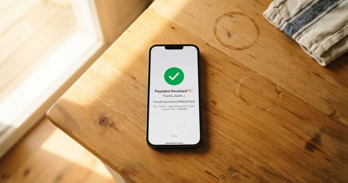 A smartphone screen showing a generic bank-transfer confirmation tick, held over a kitchen table.