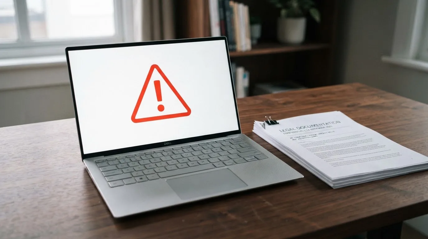 A red triangular warning sign icon on a laptop screen next to a stack of legal papers, symbolising an official caution rather than any specific website.