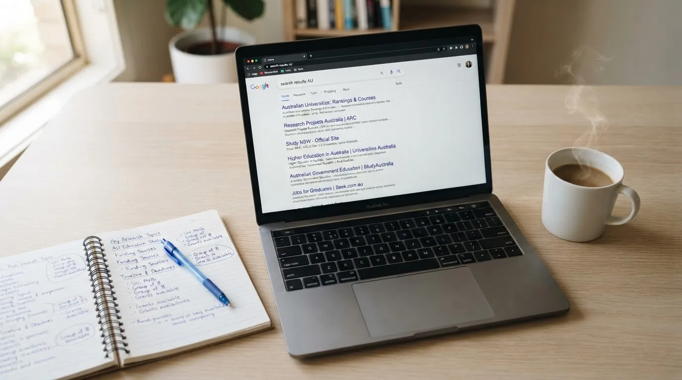 A tidy desk with a laptop open on a plain search-results page, a notebook and a coffee cup beside it, no screens showing any casino branding.