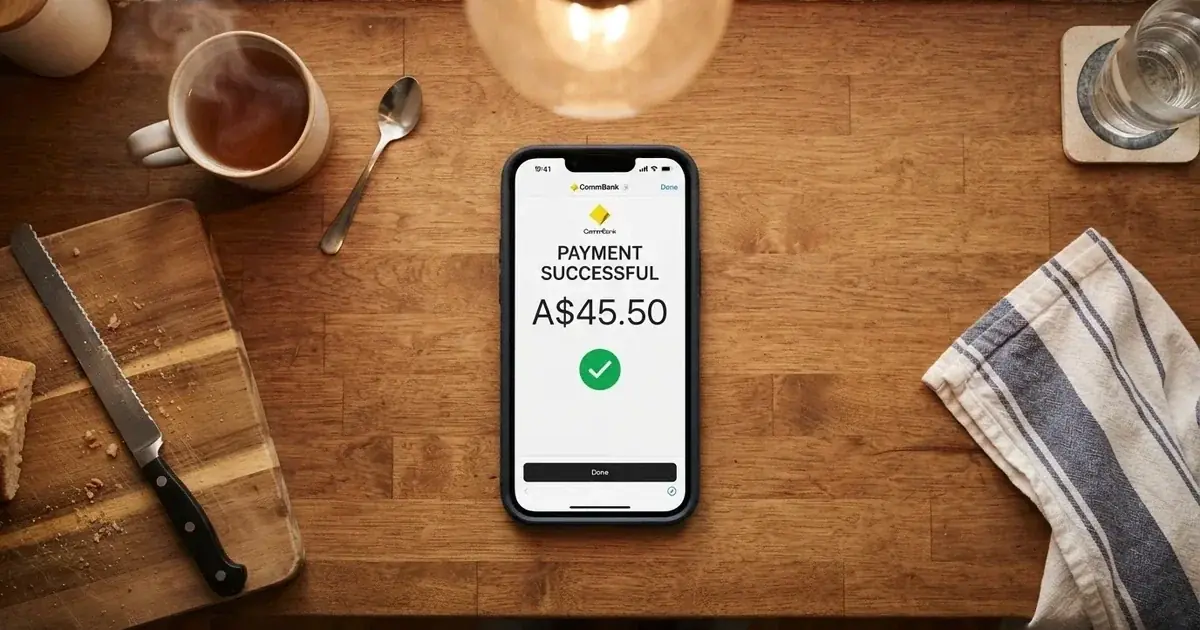 A smartphone screen showing a generic bank-transfer confirmation tick, held over a kitchen table.