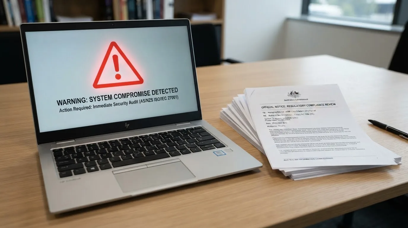 A red triangular warning sign icon on a laptop screen next to a stack of legal papers, symbolising an official caution rather than any specific website.