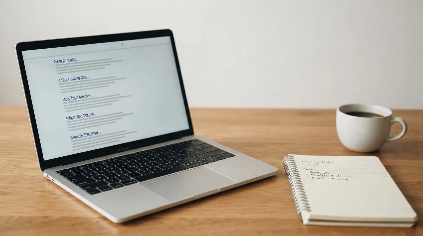 A tidy desk with a laptop open on a plain search-results page, a notebook and a coffee cup beside it, no screens showing any casino branding.