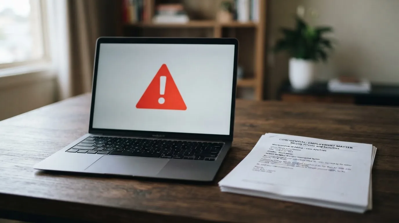 A red triangular warning sign icon on a laptop screen next to a stack of legal papers, symbolising an official caution rather than any specific website.