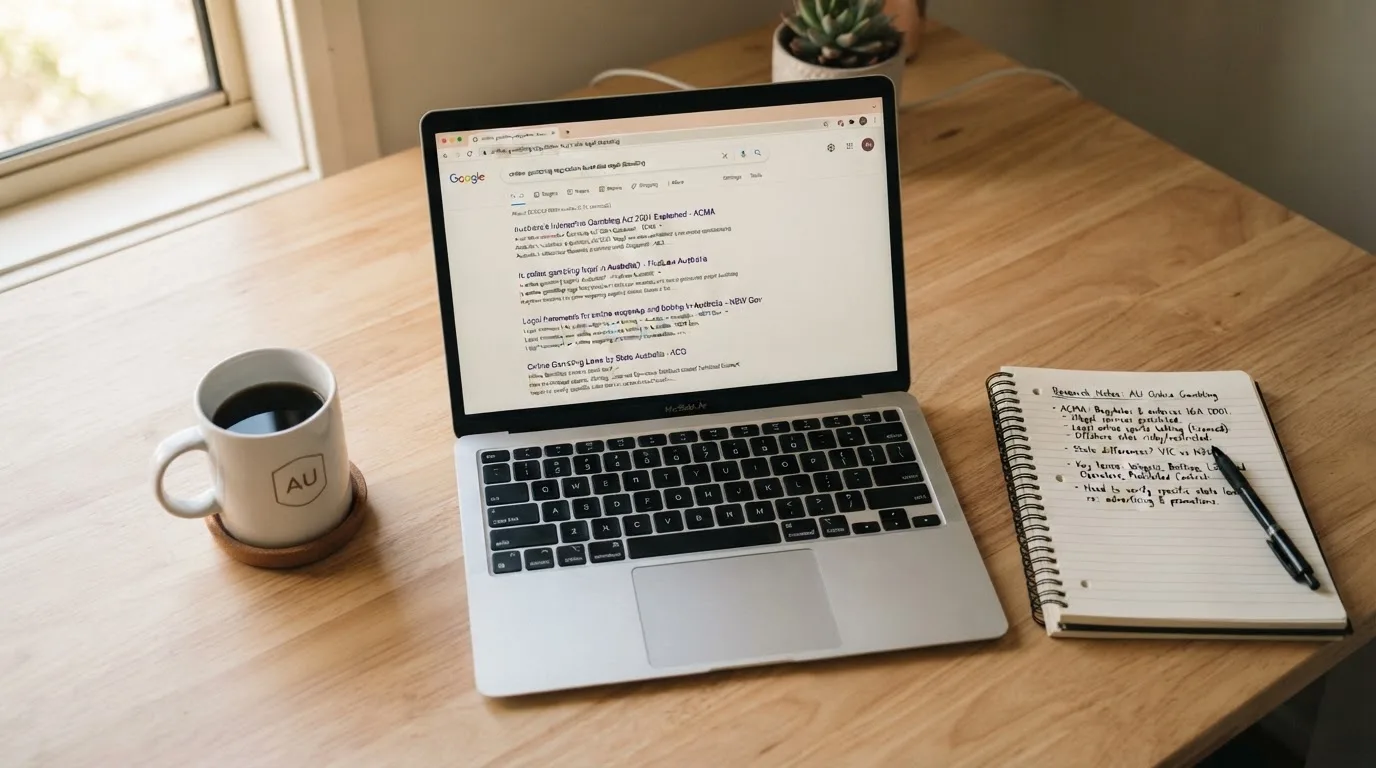 A tidy desk with a laptop open on a plain search-results page, a notebook and a coffee cup beside it, no screens showing any casino branding.