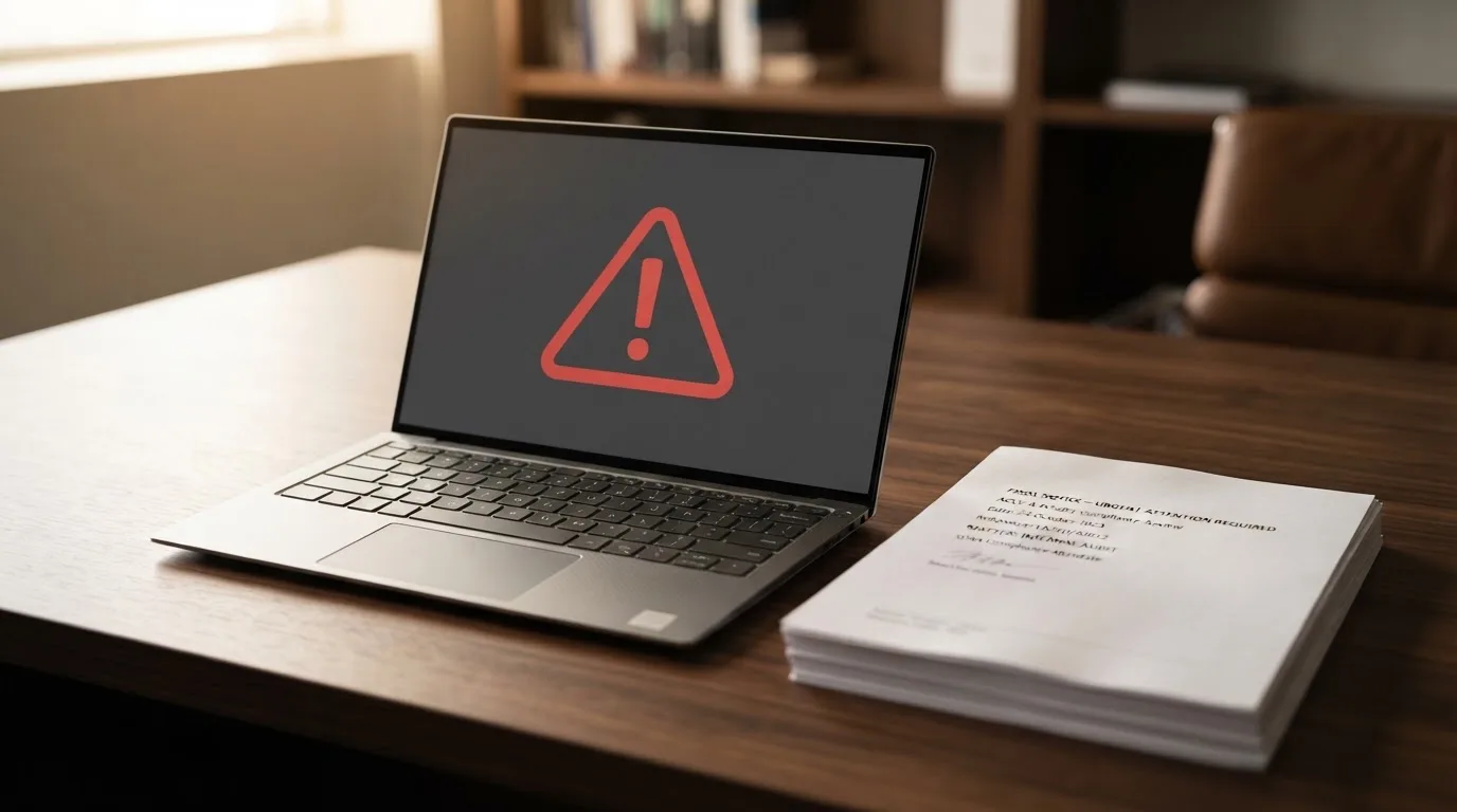 A red triangular warning sign icon on a laptop screen next to a stack of legal papers, symbolising an official caution rather than any specific website.