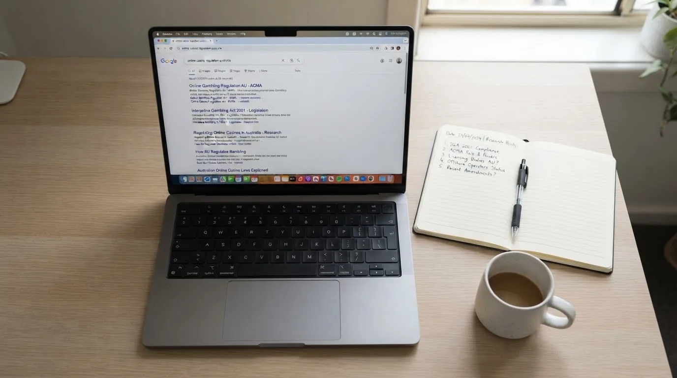 A tidy desk with a laptop open on a plain search-results page, a notebook and a coffee cup beside it, no screens showing any casino branding.