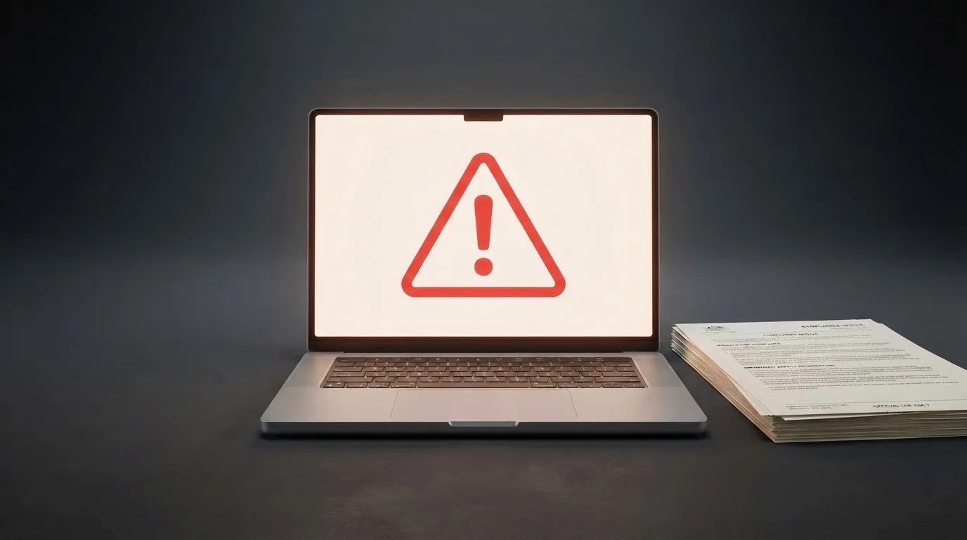 A red triangular warning sign icon on a laptop screen next to a stack of legal papers, symbolising an official caution rather than any specific website.