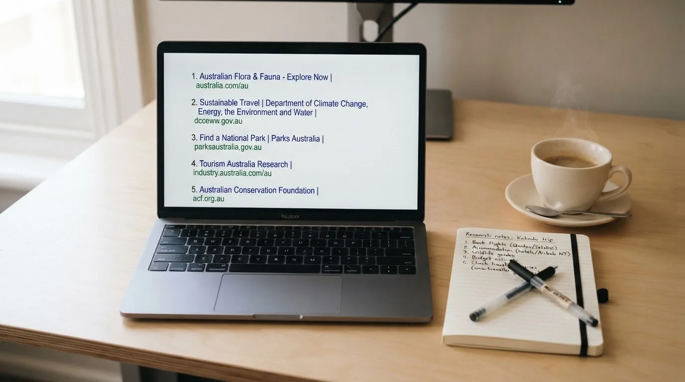 A tidy desk with a laptop open on a plain search-results page, a notebook and a coffee cup beside it, no screens showing any casino branding.