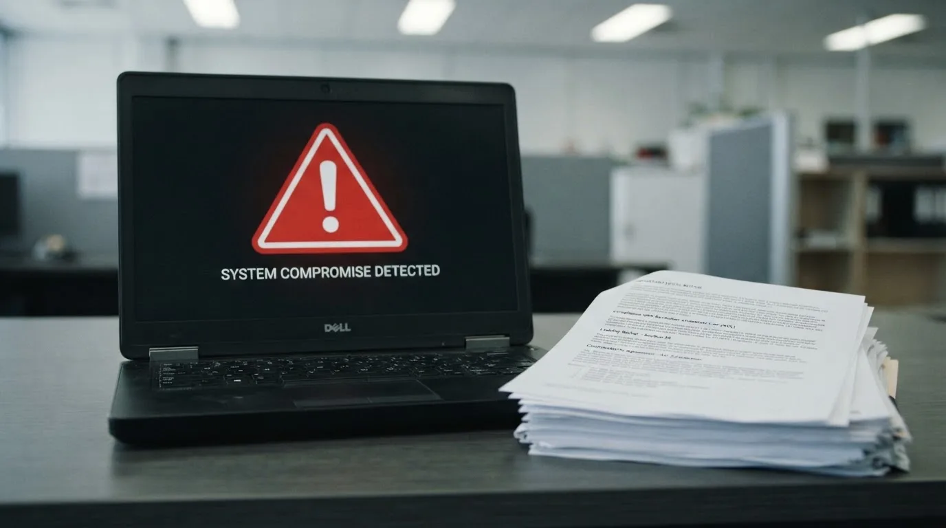 A red triangular warning sign icon on a laptop screen next to a stack of legal papers, symbolising an official caution rather than any specific website.