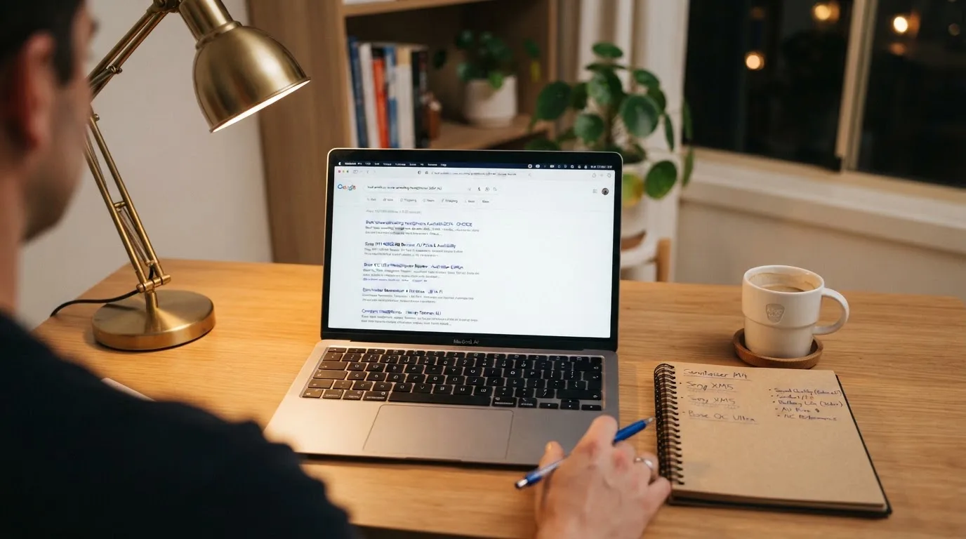 A tidy desk with a laptop open on a plain search-results page, a notebook and a coffee cup beside it, no screens showing any casino branding.