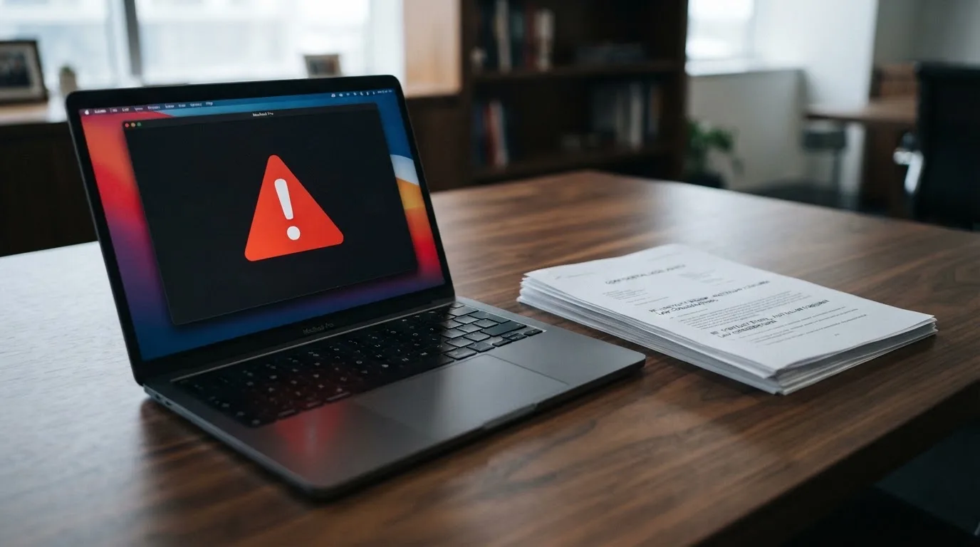 A red triangular warning sign icon on a laptop screen next to a stack of legal papers, symbolising an official caution rather than any specific website.