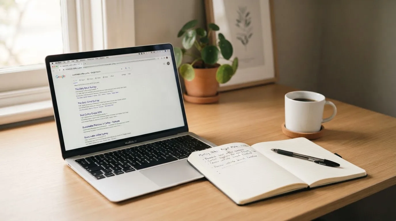 A tidy desk with a laptop open on a plain search-results page, a notebook and a coffee cup beside it, no screens showing any casino branding.