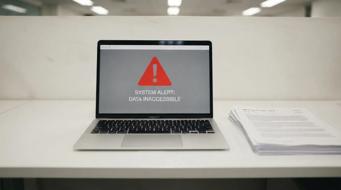A red triangular warning sign icon on a laptop screen next to a stack of legal papers, symbolising an official caution rather than any specific website.