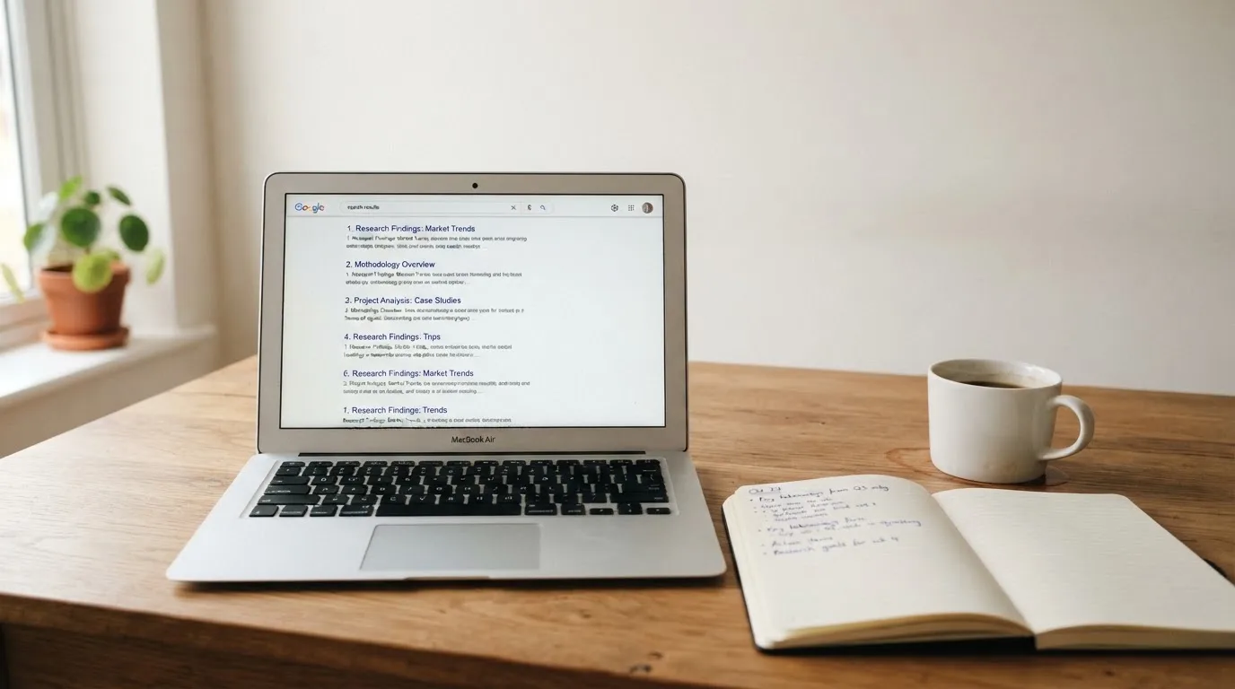 A tidy desk with a laptop open on a plain search-results page, a notebook and a coffee cup beside it, no screens showing any casino branding.