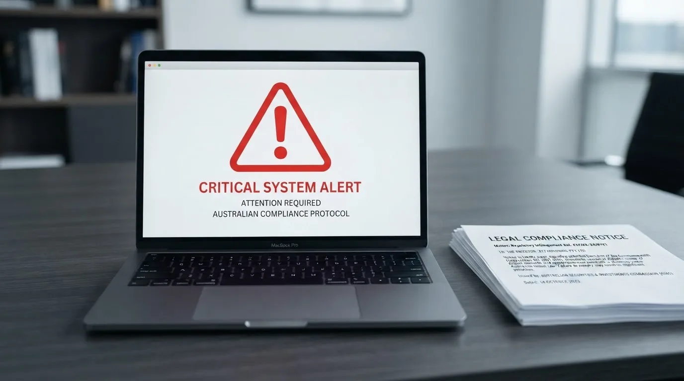 A red triangular warning sign icon on a laptop screen next to a stack of legal papers, symbolising an official caution rather than any specific website.