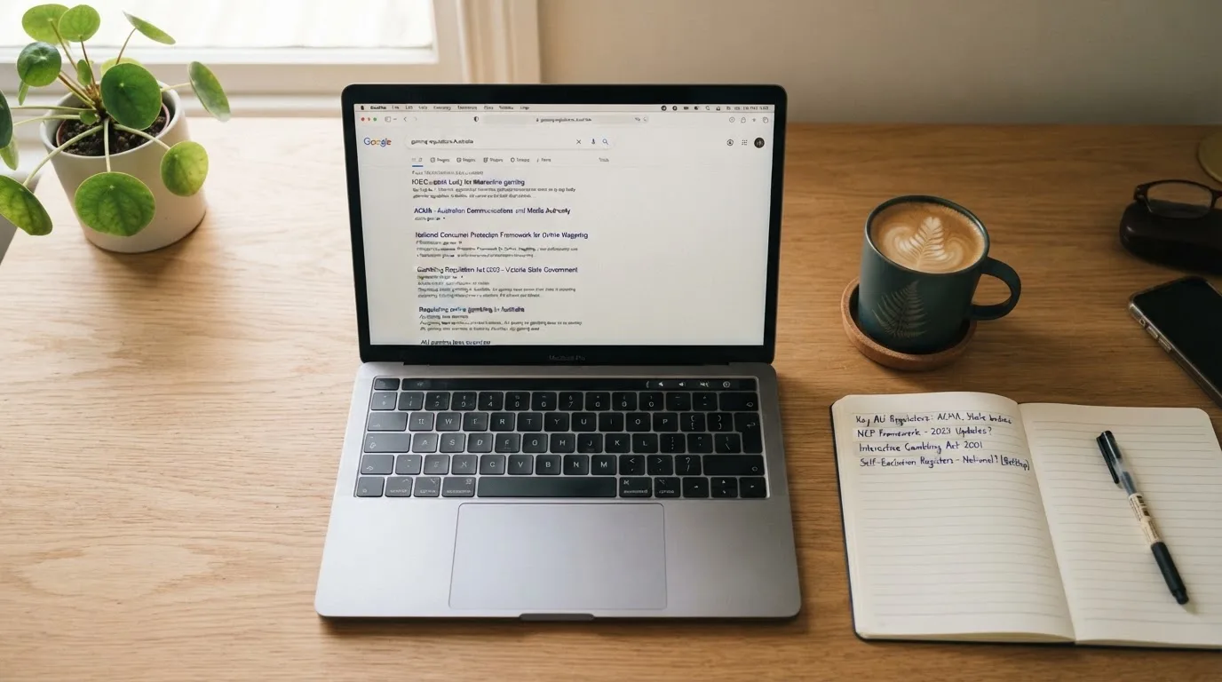 A tidy desk with a laptop open on a plain search-results page, a notebook and a coffee cup beside it, no screens showing any casino branding.