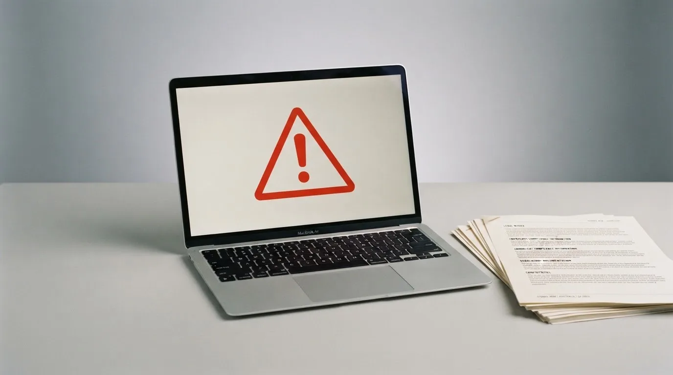 A red triangular warning sign icon on a laptop screen next to a stack of legal papers, symbolising an official caution rather than any specific website.