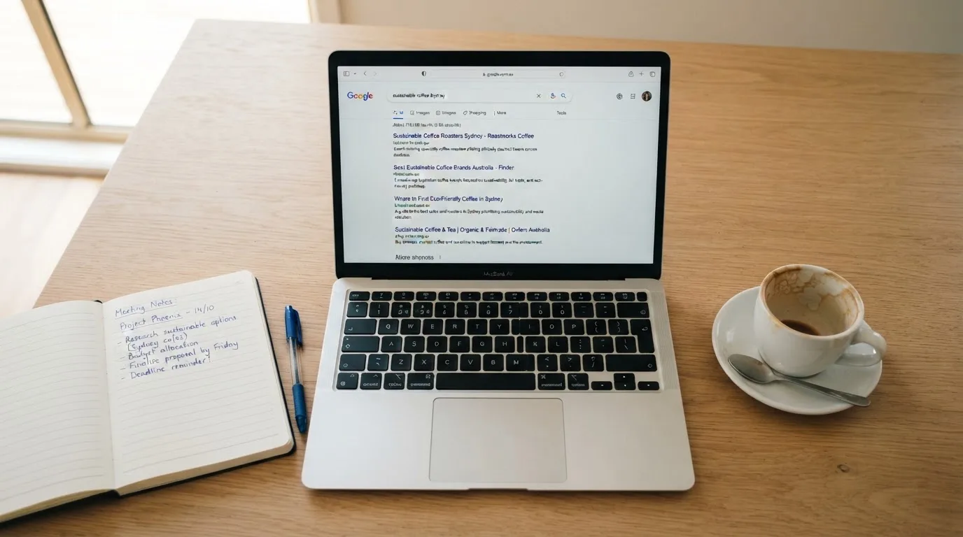 A tidy desk with a laptop open on a plain search-results page, a notebook and a coffee cup beside it, no screens showing any casino branding.