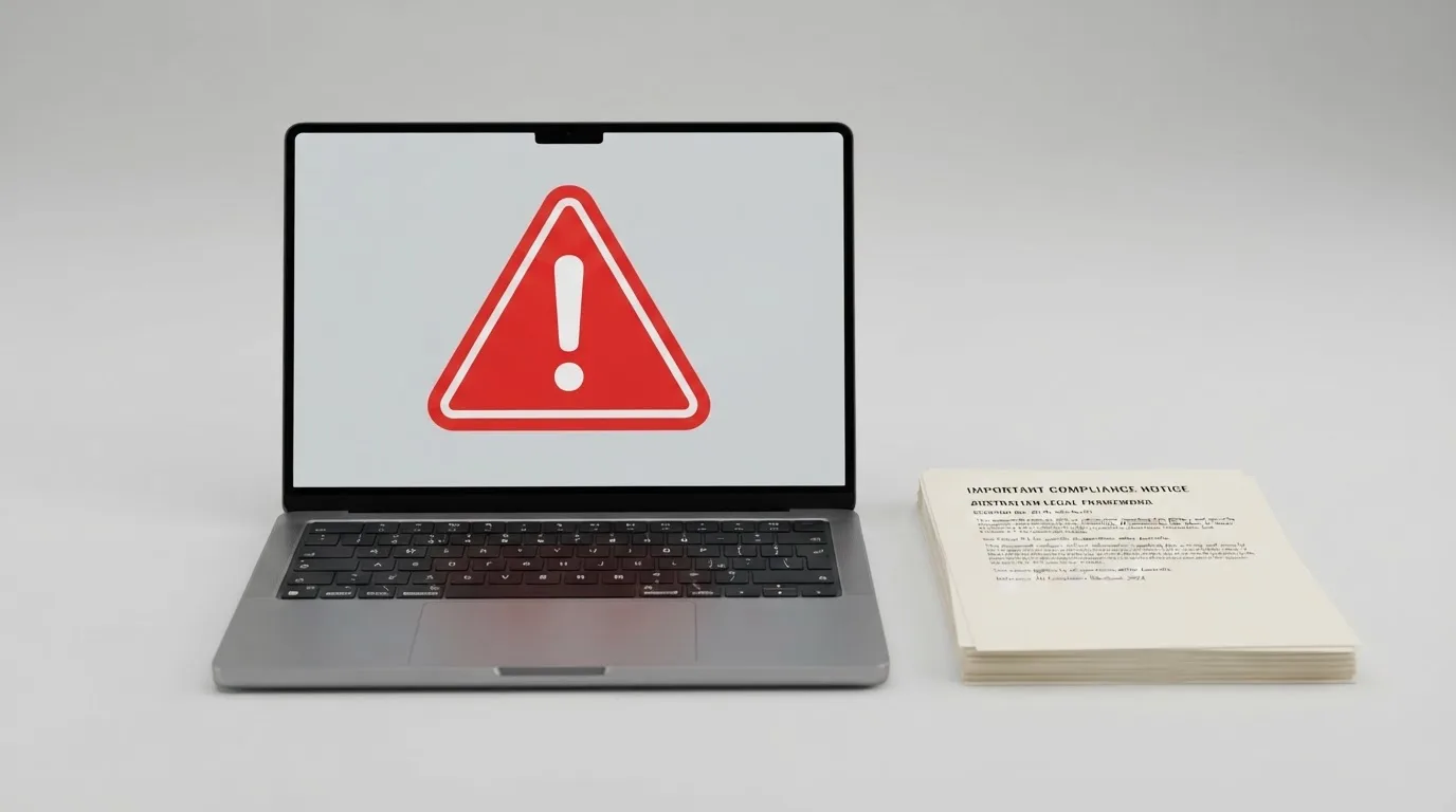 A red triangular warning sign icon on a laptop screen next to a stack of legal papers, symbolising an official caution rather than any specific website.
