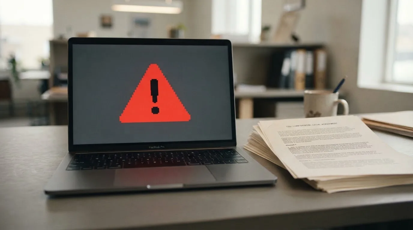 A red triangular warning sign icon on a laptop screen next to a stack of legal papers, symbolising an official caution rather than any specific website.