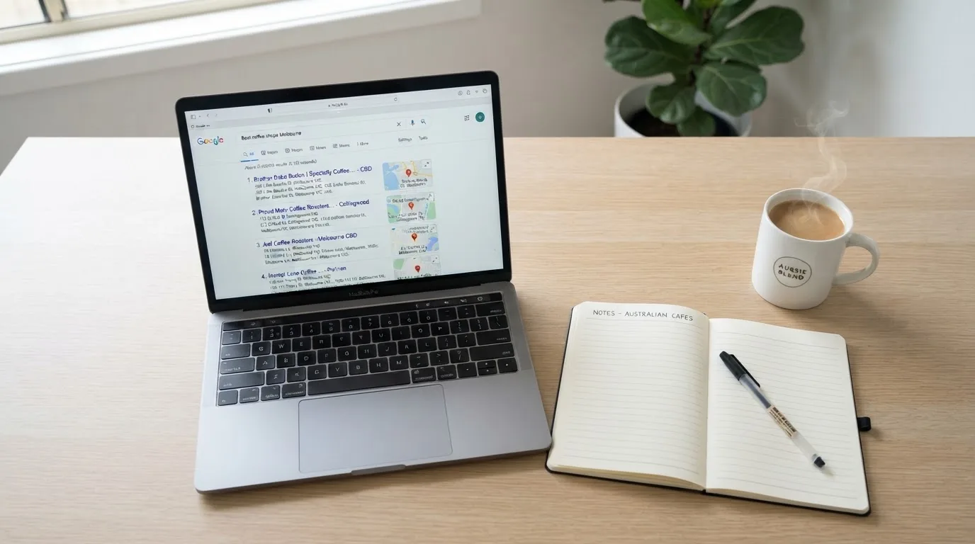 A tidy desk with a laptop open on a plain search-results page, a notebook and a coffee cup beside it, no screens showing any casino branding.