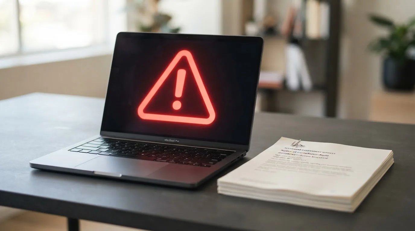 A red triangular warning sign icon on a laptop screen next to a stack of legal papers, symbolising an official caution rather than any specific website.
