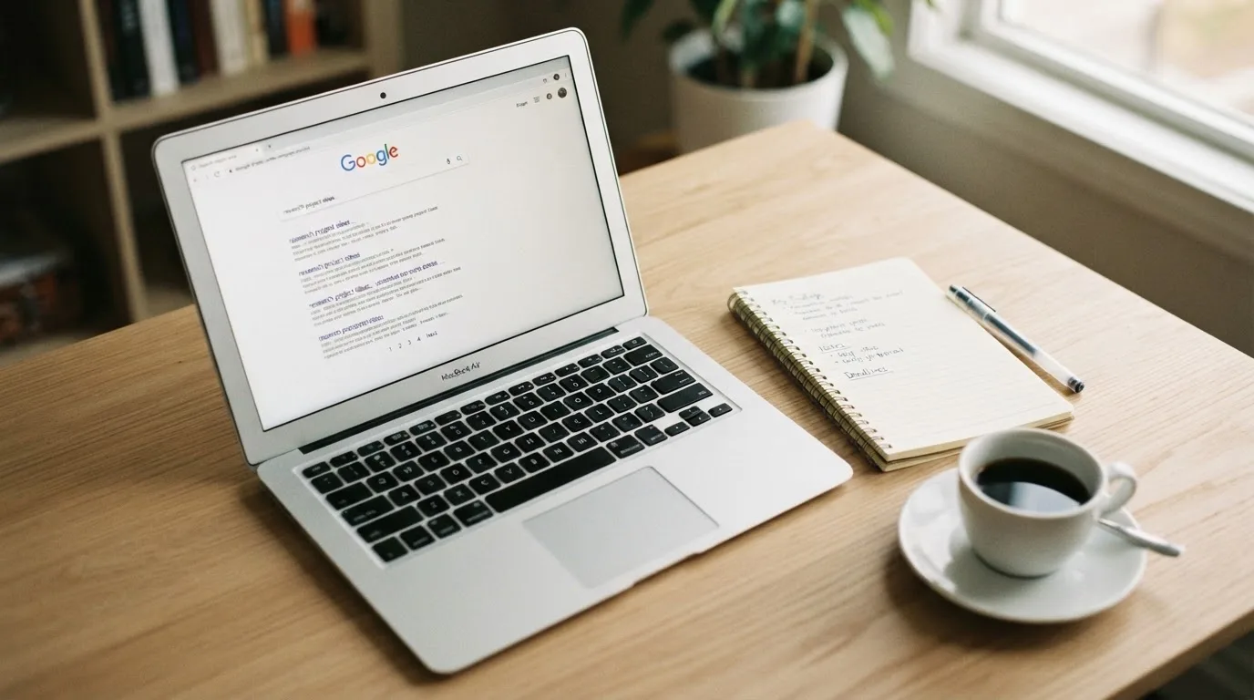 A tidy desk with a laptop open on a plain search-results page, a notebook and a coffee cup beside it, no screens showing any casino branding.