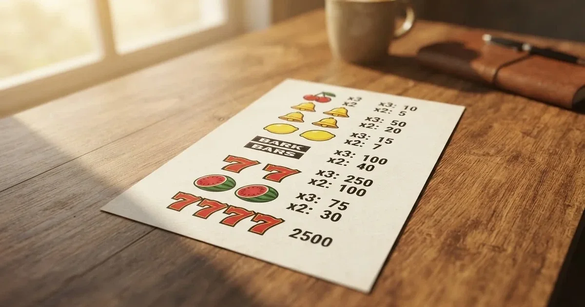 A printed strip of generic slot symbols and payout numbers laid on a desk, like a reference chart rather than a live game.