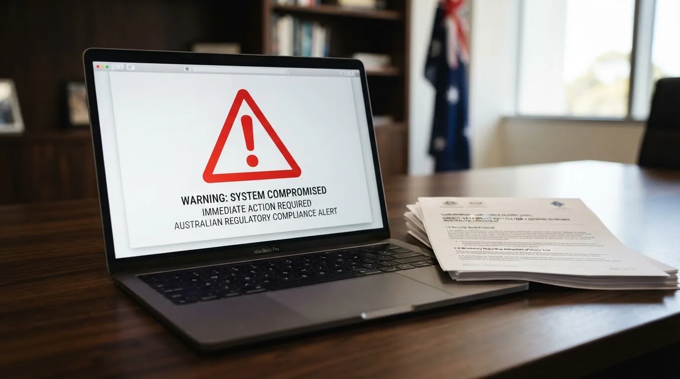 A red triangular warning sign icon on a laptop screen next to a stack of legal papers, symbolising an official caution rather than any specific website.