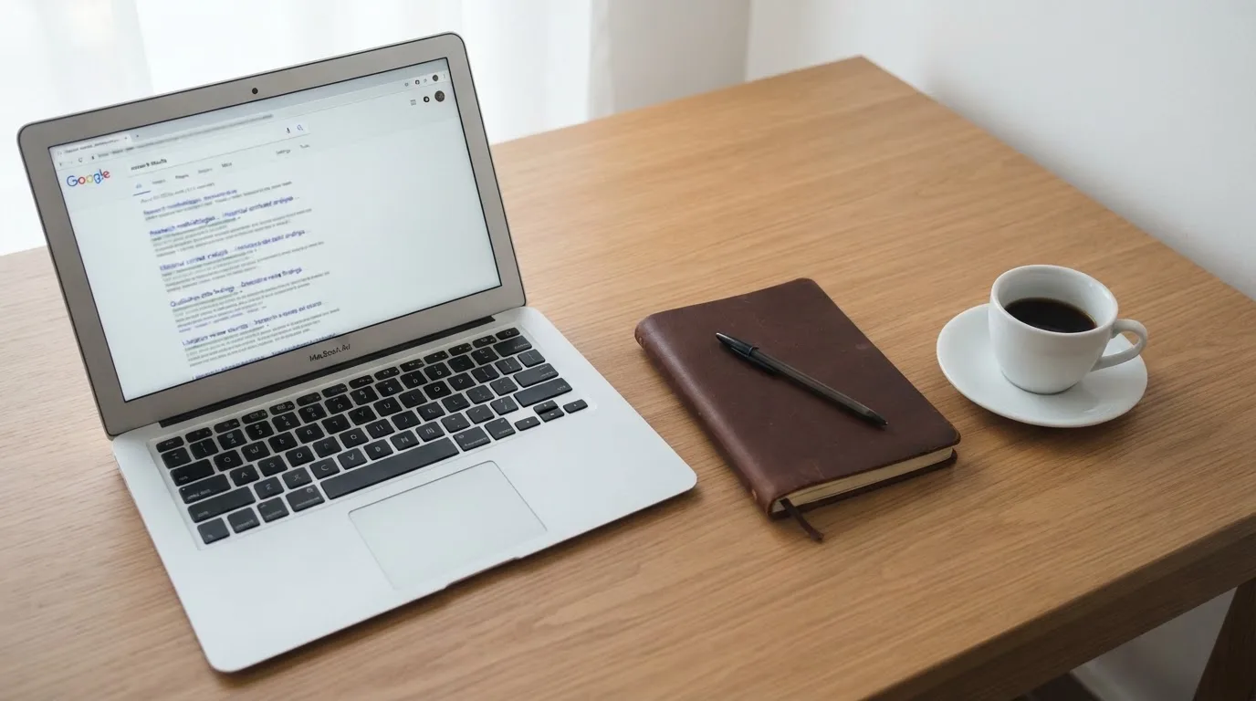 A tidy desk with a laptop open on a plain search-results page, a notebook and a coffee cup beside it, no screens showing any casino branding.