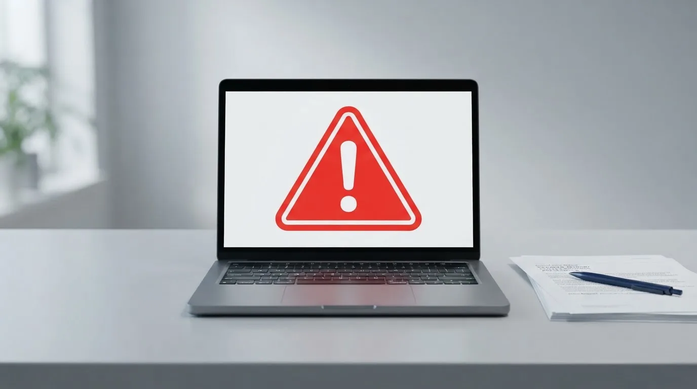A red triangular warning sign icon on a laptop screen next to a stack of legal papers, symbolising an official caution rather than any specific website.